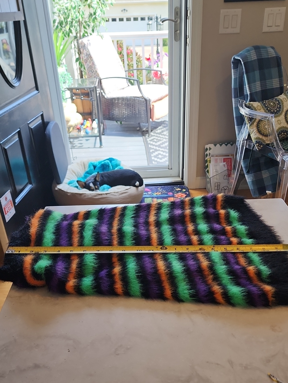 Large 22" Long Plush Striped Faux Fur Dog Sweater - Black, Green, Purple, Orange
